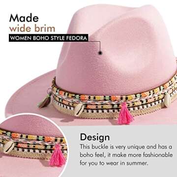 Gossifan Women's Felt Fedora Hat Wide Brim Panama Hats with Tassel-Pink