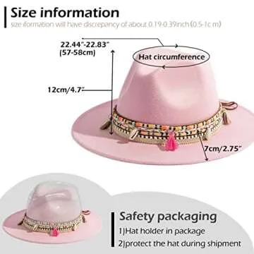 Gossifan Women's Felt Fedora Hat Wide Brim Panama Hats with Tassel-Pink