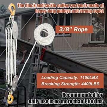 KITUYOTO 1100Lbs Pulley System for Lifting Heavy Objects, 65 Ft 3/8" Rope Hoist, 4400Lbs Breaking Strength Block and Tackle Pulley System, 7:1 Lifting Power Pulley Hoist