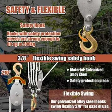KITUYOTO 1100Lbs Pulley System for Lifting Heavy Objects, 65 Ft 3/8" Rope Hoist, 4400Lbs Breaking Strength Block and Tackle Pulley System, 7:1 Lifting Power Pulley Hoist