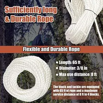 KITUYOTO 1100Lbs Pulley System for Lifting Heavy Objects, 65 Ft 3/8" Rope Hoist, 4400Lbs Breaking Strength Block and Tackle Pulley System, 7:1 Lifting Power Pulley Hoist