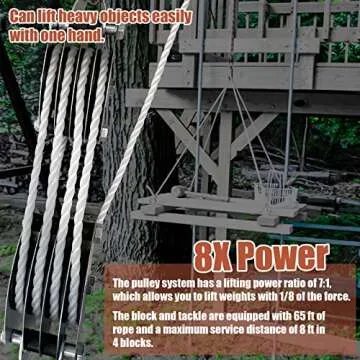 KITUYOTO 1100Lbs Pulley System for Lifting Heavy Objects, 65 Ft 3/8" Rope Hoist, 4400Lbs Breaking Strength Block and Tackle Pulley System, 7:1 Lifting Power Pulley Hoist