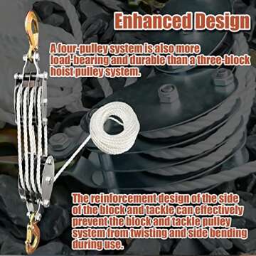 KITUYOTO 1100Lbs Pulley System for Lifting Heavy Objects, 65 Ft 3/8" Rope Hoist, 4400Lbs Breaking Strength Block and Tackle Pulley System, 7:1 Lifting Power Pulley Hoist