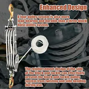 KITUYOTO 1100Lbs Pulley System for Lifting Heavy Objects, 65 Ft 3/8" Rope Hoist, 4400Lbs Breaking Strength Block and Tackle Pulley System, 7:1 Lifting Power Pulley Hoist