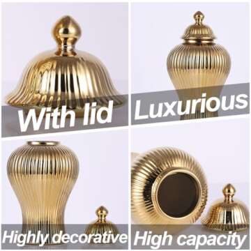 16.5" Gold Ceramic Ginger Jar Vase with Lid - Modern Luxury Ceramic Decoration Gold Ginger Jars for Home Decor, Living Room, Kitchen, Dining Table, Cabinet, Bookshelf Decor, Storage Jar