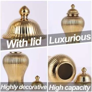 16.5" Gold Ceramic Ginger Jar Vase with Lid - Modern Luxury Ceramic Decoration Gold Ginger Jars for Home Decor, Living Room, Kitchen, Dining Table, Cabinet, Bookshelf Decor, Storage Jar