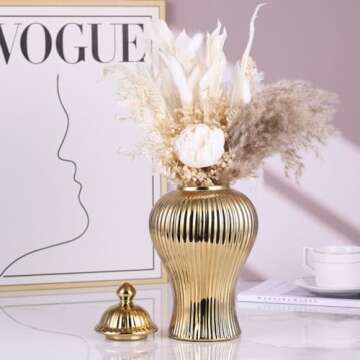 16.5" Gold Ceramic Ginger Jar Vase with Lid - Modern Luxury Ceramic Decoration Gold Ginger Jars for Home Decor, Living Room, Kitchen, Dining Table, Cabinet, Bookshelf Decor, Storage Jar