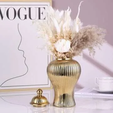 16.5" Gold Ceramic Ginger Jar Vase with Lid - Modern Luxury Ceramic Decoration Gold Ginger Jars for Home Decor, Living Room, Kitchen, Dining Table, Cabinet, Bookshelf Decor, Storage Jar