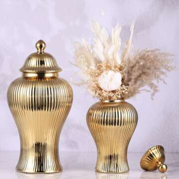 16.5" Gold Ceramic Ginger Jar Vase with Lid - Modern Luxury Ceramic Decoration Gold Ginger Jars for Home Decor, Living Room, Kitchen, Dining Table, Cabinet, Bookshelf Decor, Storage Jar