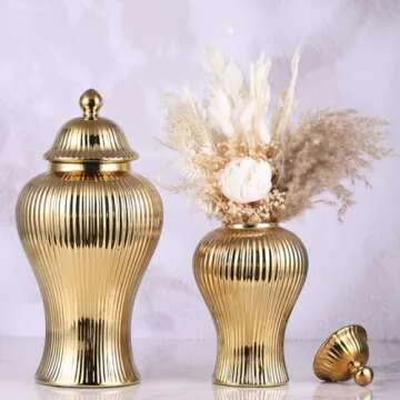 16.5" Gold Ceramic Ginger Jar Vase with Lid - Modern Luxury Ceramic Decoration Gold Ginger Jars for Home Decor, Living Room, Kitchen, Dining Table, Cabinet, Bookshelf Decor, Storage Jar