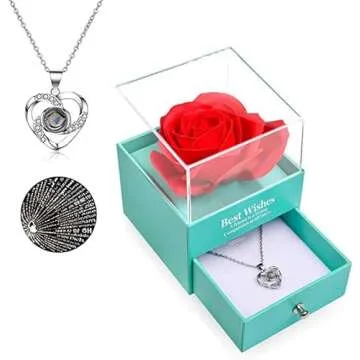 Preserved Red Real Rose with I Love You Necklace in 100 Languages -Eternal Flowers Rose Gifts for Mom Women Wife Girlfriend Her on Christmas Valentines Day Mothers Day Anniversary Birthday Gifts