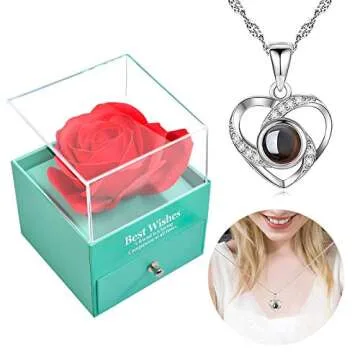 Preserved Red Real Rose with I Love You Necklace in 100 Languages -Eternal Flowers Rose Gifts for Mom Women Wife Girlfriend Her on Christmas Valentines Day Mothers Day Anniversary Birthday Gifts