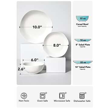 LE TAUCI Dinnerware Sets 12 Piece, Serve for 4, Ceramic Plates and Bowls Set (10" Dinner Plates + 8" Salad Dish + 22 oz Bowl) x 4, White