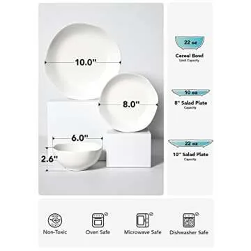LE TAUCI Dinnerware Sets 12 Piece, Serve for 4, Ceramic Plates and Bowls Set (10" Dinner Plates + 8" Salad Dish + 22 oz Bowl) x 4, White