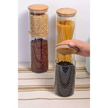 Set of 4 Large Spaghetti Jars Glass Cylinder Airtight Food Storage Container Canister Jar with Bamboo Lid & Silicone Sealing Ring for Pasta, Candy, Cookie, Rice, Sugar, Flour, Nuts