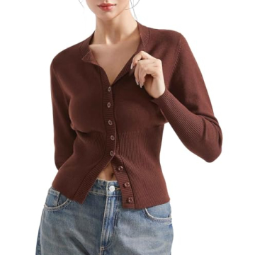 SUUKSESS Women's Button Down Cardigan - Ribbed Knitted Slim Fit Top (Chocolate, XS)