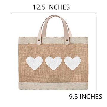 Santa Barbara Design Studio Farmers Market Tote with Three White Hearts, Reusable Burlap Grocery Bag with Leather Handle, Purse for Beach or Picnics, Food Lovers Gift Idea, 12.5 x 9.5 Inches