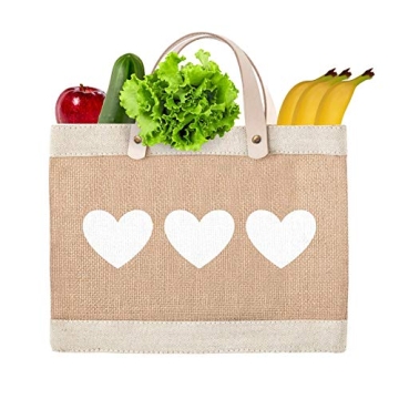 Santa Barbara Design Studio Farmers Market Tote with Three White Hearts, Reusable Burlap Grocery Bag with Leather Handle, Purse for Beach or Picnics, Food Lovers Gift Idea, 12.5 x 9.5 Inches