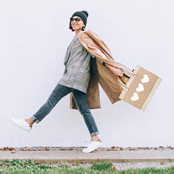 Santa Barbara Design Studio Farmers Market Tote with Three White Hearts, Reusable Burlap Grocery Bag with Leather Handle, Purse for Beach or Picnics, Food Lovers Gift Idea, 12.5 x 9.5 Inches