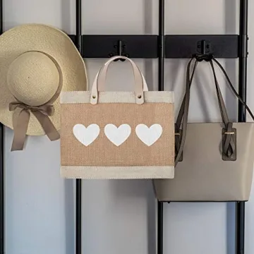Santa Barbara Design Studio Farmers Market Tote with Three White Hearts, Reusable Burlap Grocery Bag with Leather Handle, Purse for Beach or Picnics, Food Lovers Gift Idea, 12.5 x 9.5 Inches