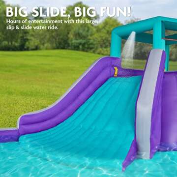 Sunny & Fun Four Corner Inflatable Water Slide Park – Heavy-Duty for Outdoor Fun - Climbing Wall, Slide & Deep Pool – Easy to Set Up & Inflate with Included Air Pump & Carrying Case