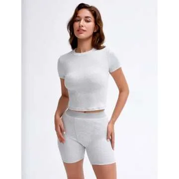 UNDER CLOUD Two Piece Outfits for Women Matching Lounge Sets Tracksuit Casual Workout Clothes Ribbed T-shirt Boxer Shorts Crew Neck Streetwear Pajama Grey L