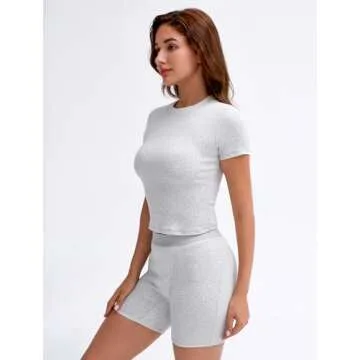 UNDER CLOUD Two Piece Outfits for Women Matching Lounge Sets Tracksuit Casual Workout Clothes Ribbed T-shirt Boxer Shorts Crew Neck Streetwear Pajama Grey L