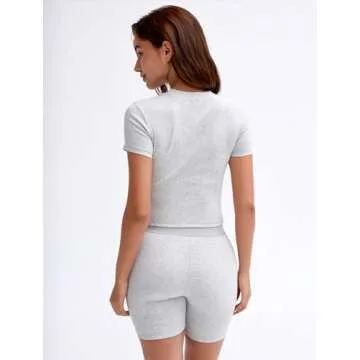 UNDER CLOUD Two Piece Outfits for Women Matching Lounge Sets Tracksuit Casual Workout Clothes Ribbed T-shirt Boxer Shorts Crew Neck Streetwear Pajama Grey L