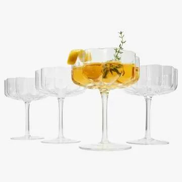 Khen Flower Vintage Wavy Glass Coupes Martini, Champagne & Cocktail Coupes - Set of 4-7oz Colorful C...