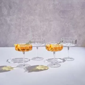 Khen Flower Vintage Wavy Glass Coupes Martini, Champagne & Cocktail Coupes - Set of 4-7oz Colorful Cocktail Glasses & Champagne, Prosecco, Mimosa Glassware Copyright Design - Crystal Clear