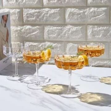 Khen Flower Vintage Wavy Glass Coupes Martini, Champagne & Cocktail Coupes - Set of 4-7oz Colorful Cocktail Glasses & Champagne, Prosecco, Mimosa Glassware Copyright Design - Crystal Clear