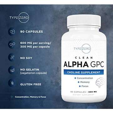 Type Zero Ultra Clean Alpha GPC Choline Supplement (600mg | 90 Capsules) Soy Free, Non-GMO Nootropics Alpha GPC 600mg / 300mg; Alpha-GPC Brain Memory and Focus Supplements