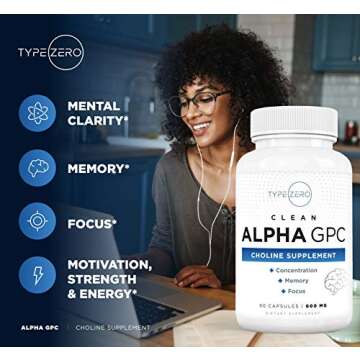 Type Zero Ultra Clean Alpha GPC Choline Supplement (600mg | 90 Capsules) Soy Free, Non-GMO Nootropics Alpha GPC 600mg / 300mg; Alpha-GPC Brain Memory and Focus Supplements