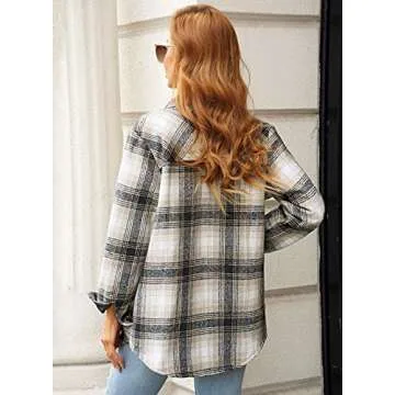 GRAPENT Women's Casual Oversized boyfriend Plaid Button Down Long Sleeve Shirt Quilted Lined Shacket Jacket Coat Outerwear Khaki Color Size Large