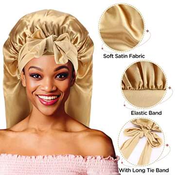 2PCS Long Satin Braids Bonnets for Women Sleeping Cap Gold Black Silk Braid Bonnets with Elastic Tie Band Large Long Satin Adjustable Sleep Bonnet Cap for Women Girls Long Curly Hair