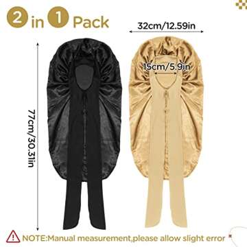 2PCS Long Satin Braids Bonnets for Women Sleeping Cap Gold Black Silk Braid Bonnets with Elastic Tie Band Large Long Satin Adjustable Sleep Bonnet Cap for Women Girls Long Curly Hair