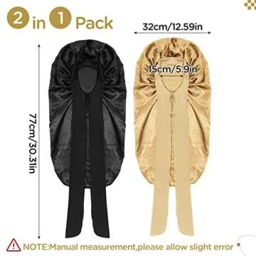 2PCS Long Satin Braids Bonnets for Women Sleeping Cap Gold Black Silk Braid Bonnets with Elastic Tie Band Large Long Satin Adjustable Sleep Bonnet Cap for Women Girls Long Curly Hair