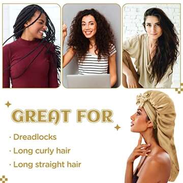 2PCS Long Satin Braids Bonnets for Women Sleeping Cap Gold Black Silk Braid Bonnets with Elastic Tie Band Large Long Satin Adjustable Sleep Bonnet Cap for Women Girls Long Curly Hair