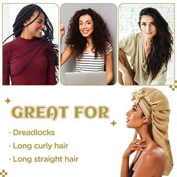 2PCS Long Satin Braids Bonnets for Women Sleeping Cap Gold Black Silk Braid Bonnets with Elastic Tie Band Large Long Satin Adjustable Sleep Bonnet Cap for Women Girls Long Curly Hair