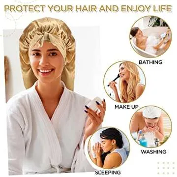 2PCS Long Satin Braids Bonnets for Women Sleeping Cap Gold Black Silk Braid Bonnets with Elastic Tie Band Large Long Satin Adjustable Sleep Bonnet Cap for Women Girls Long Curly Hair