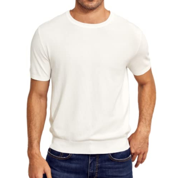 Mens Short Sleeve Knit T-Shirts Crew Neck Slim Fit Stretch Pullover Sweater Casual Solid Basic Knitw...