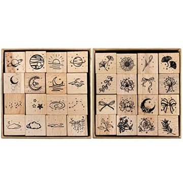 Hacaroa 32 Pieces Wooden Rubber Stamp Set, Moon Star Botanical Decorative Wood Stamps for Journal, D...