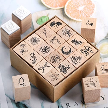 Hacaroa 32-Piece Wooden Rubber Stamp Set for Crafts