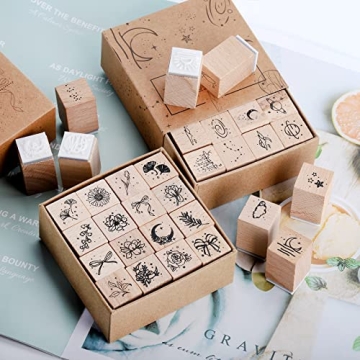 Hacaroa 32-Piece Wooden Rubber Stamp Set for Crafts