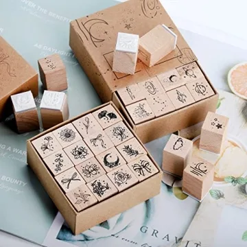 Hacaroa 32-Piece Wooden Rubber Stamp Set for Crafts