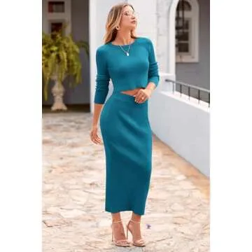 PRETTYGARDEN Women's Fall 2 Piece Sweater Set Rib Knit Long Sleeve Crop Top Maxi Bodycon Skirt Casual Winter Outfits (Lake Blue,Large)