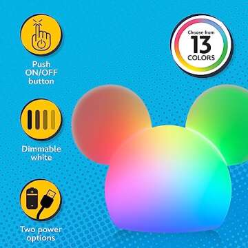Disney Mickey Mouse Squishy Light, Color Changing, Night Light for Kids, USB Lamp, Battery Operated,...