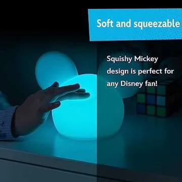 Disney Mickey Mouse Squishy Light, Color Changing, Night Light for Kids, USB Lamp, Battery Operated, Dimmable, Ideal for Bedroom, Playroom, Living Room, and More, 66944