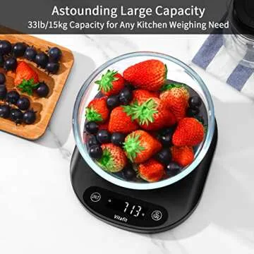 Vitafit 33lb/15kg Digital Food Scale Grams and Ounces in 1g/0.1oz, High Accuracy Assured by Kitchen Scale Professional Factory Since 2001, Gram Scale for Cooking and Baking, LED Display, 3*AAA, Black