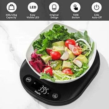 Vitafit 33lb/15kg Digital Food Scale Grams and Ounces in 1g/0.1oz, High Accuracy Assured by Kitchen Scale Professional Factory Since 2001, Gram Scale for Cooking and Baking, LED Display, 3*AAA, Black